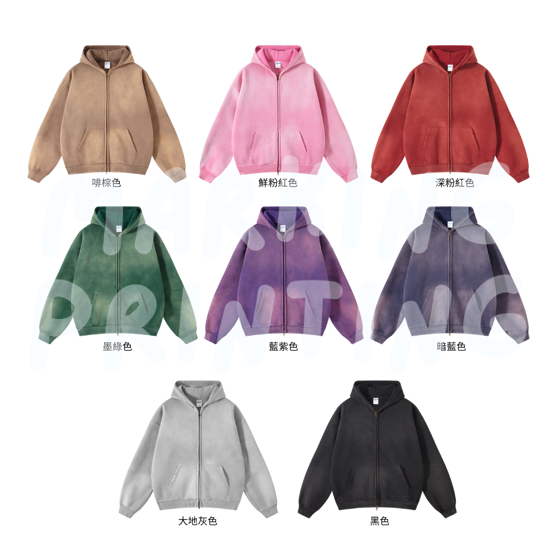 AM2666 360g fleece spray-dyed washed heavyweight drop shoulder zipper hooded sweatshirt