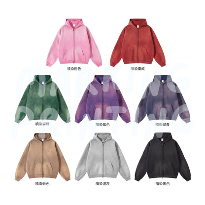 AM2666 重磅加絨噴染水洗重磅落肩拉鏈連帽衛衣