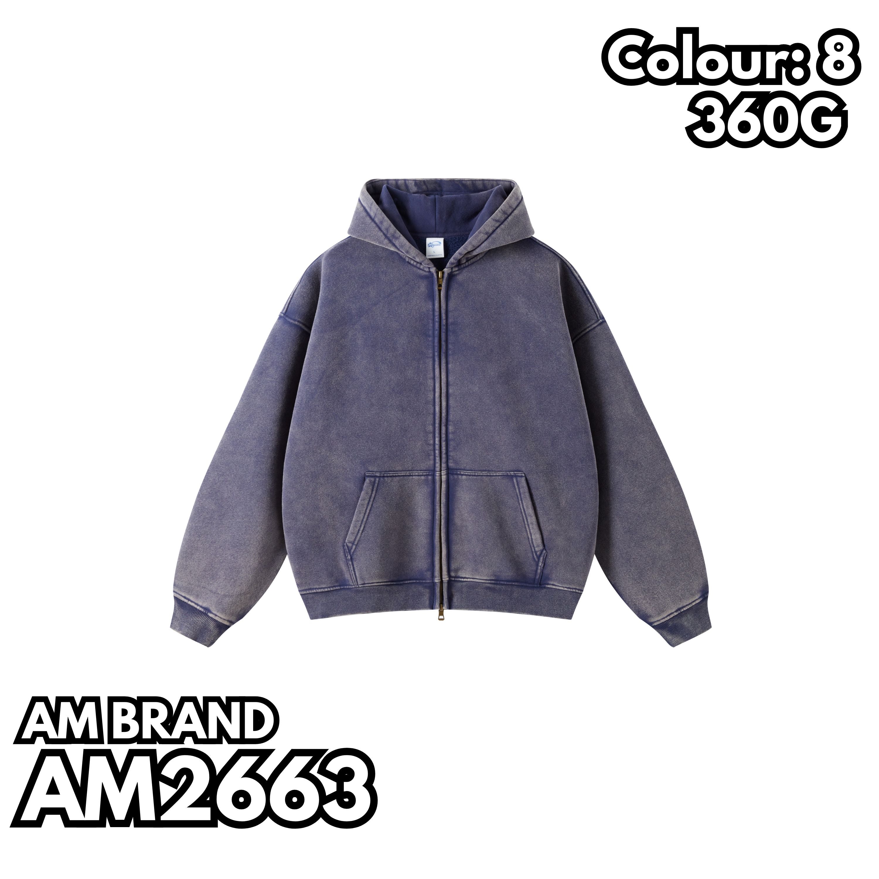 AM2663 重磅加絨蠟染水洗落肩拉鏈連帽衛衣