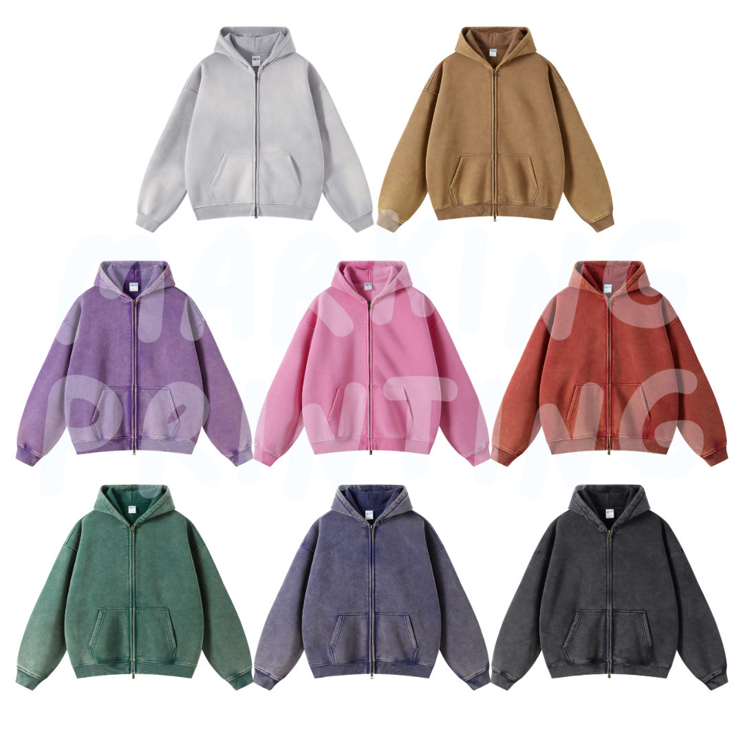 AM2663 360g washed velvet heavyweight drop shoulder zipper hooded sweatshirt