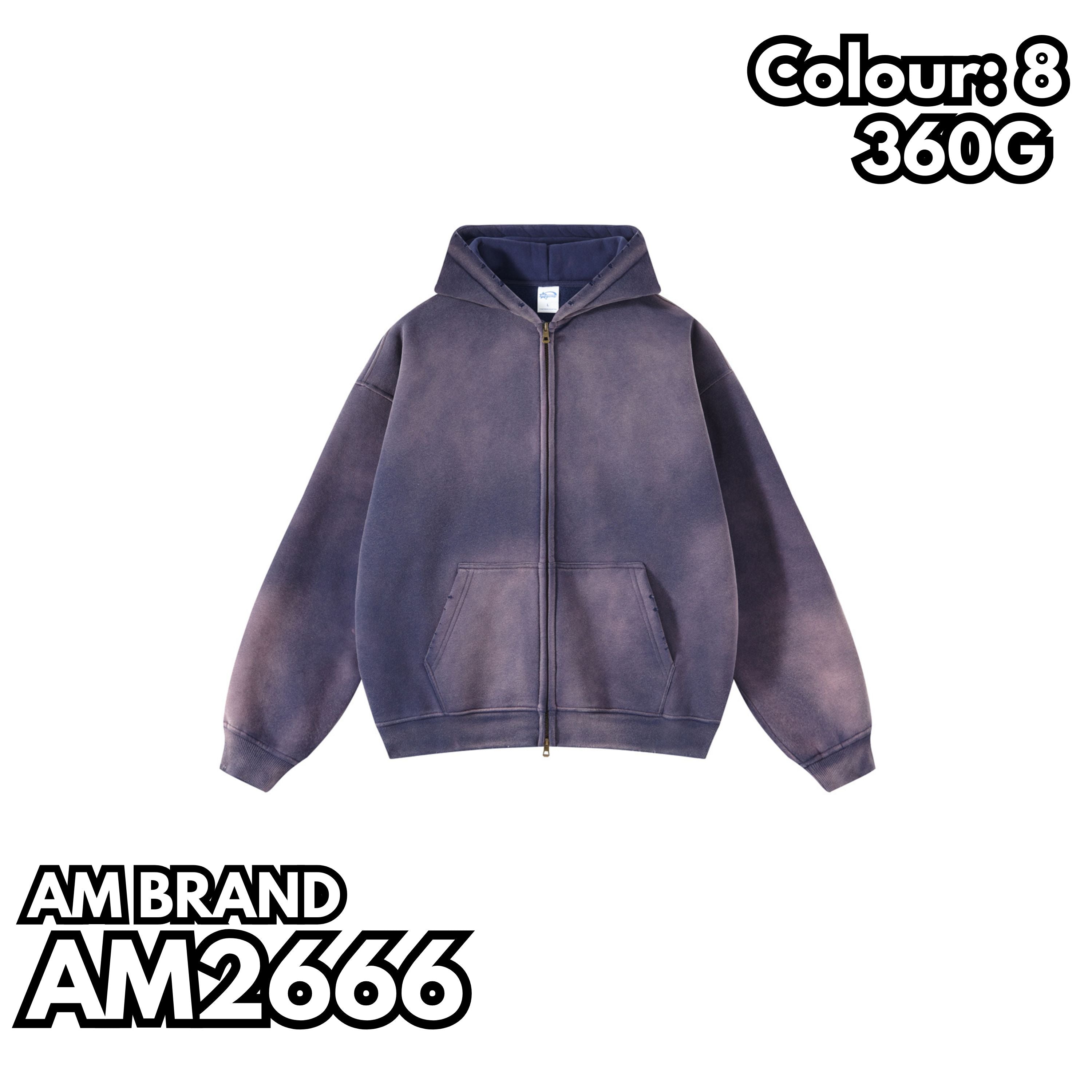 AM2666 重磅加絨噴染水洗重磅落肩拉鏈連帽衛衣