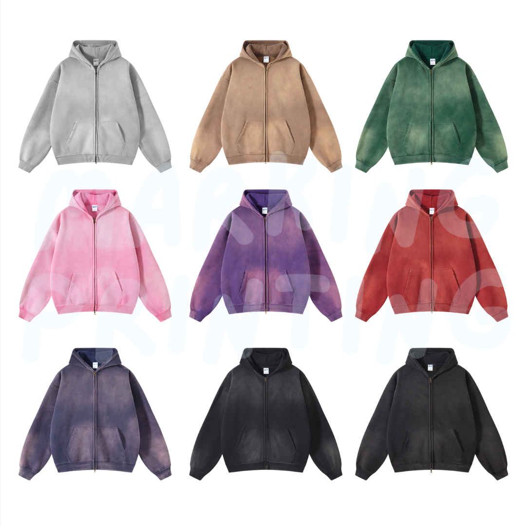 AM2666 360g fleece spray-dyed washed heavyweight drop shoulder zipper hooded sweatshirt